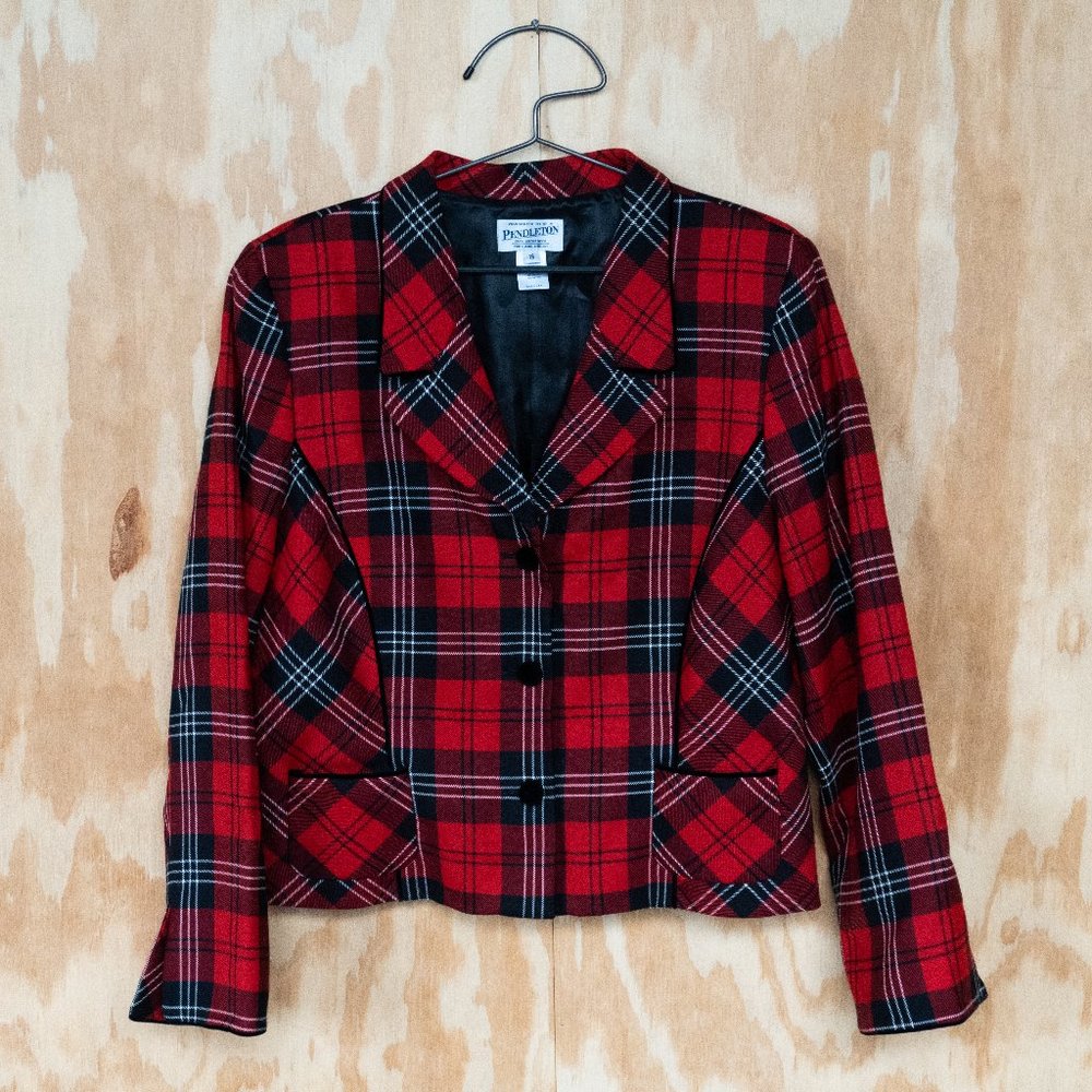 Cropped Pendleton Red Plaid Blazer Velvet Trim